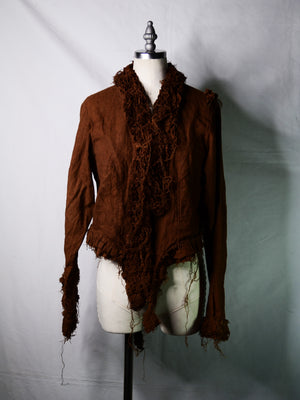 Reworked 70s Brown Linen Raw-Edged Ruffle Blouse (Women's US 6)