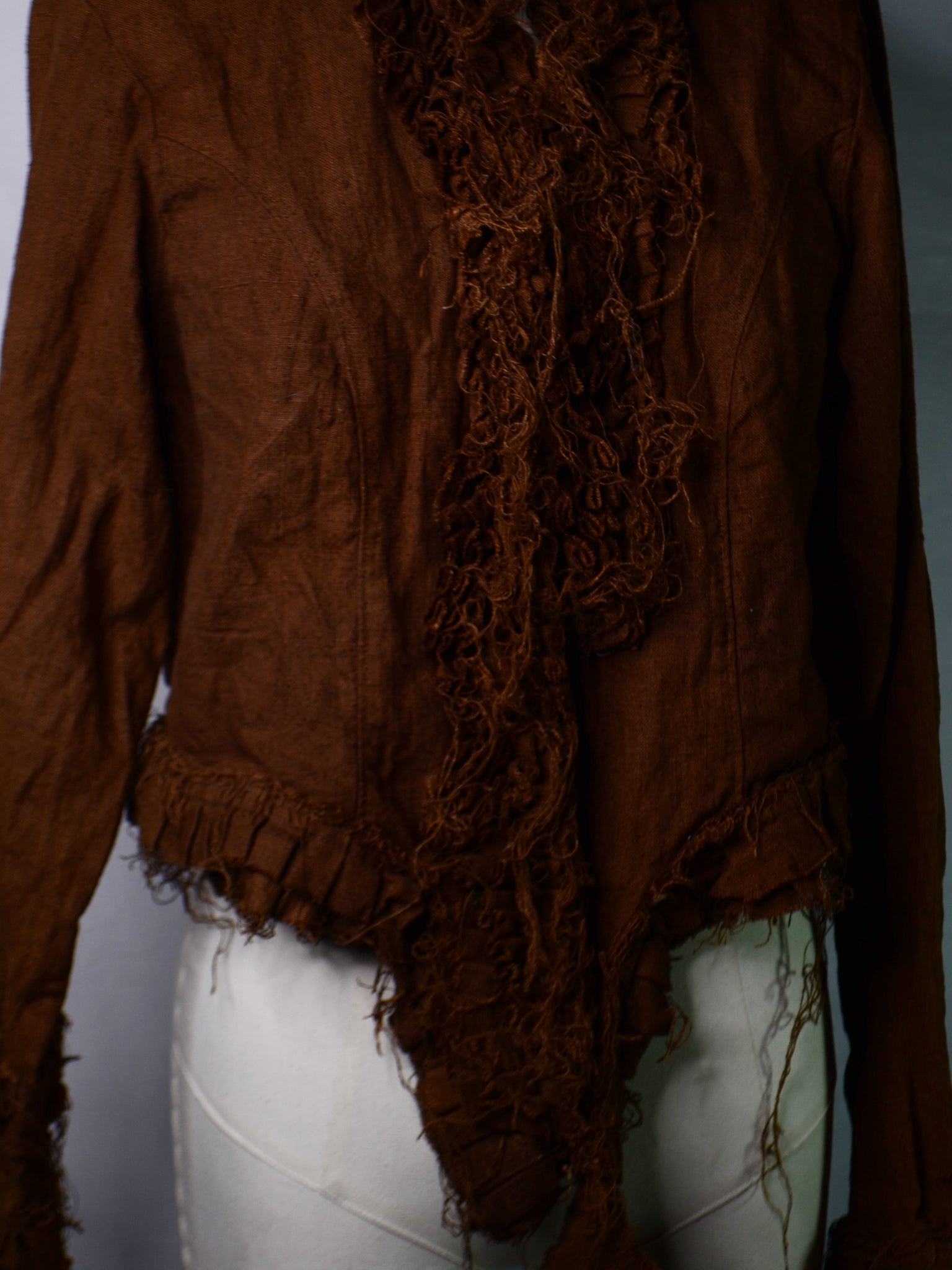 Reworked 70s Brown Linen Raw-Edged Ruffle Blouse (Women's US 6)