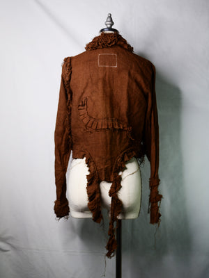 Reworked 70s Brown Linen Raw-Edged Ruffle Blouse (Women's US 6)