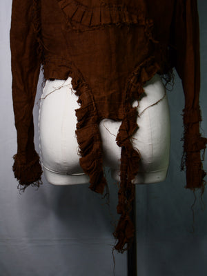 Reworked 70s Brown Linen Raw-Edged Ruffle Blouse (Women's US 6)