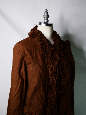 Reworked 70s Brown Linen Raw-Edged Ruffle Blouse (Women's US 6)