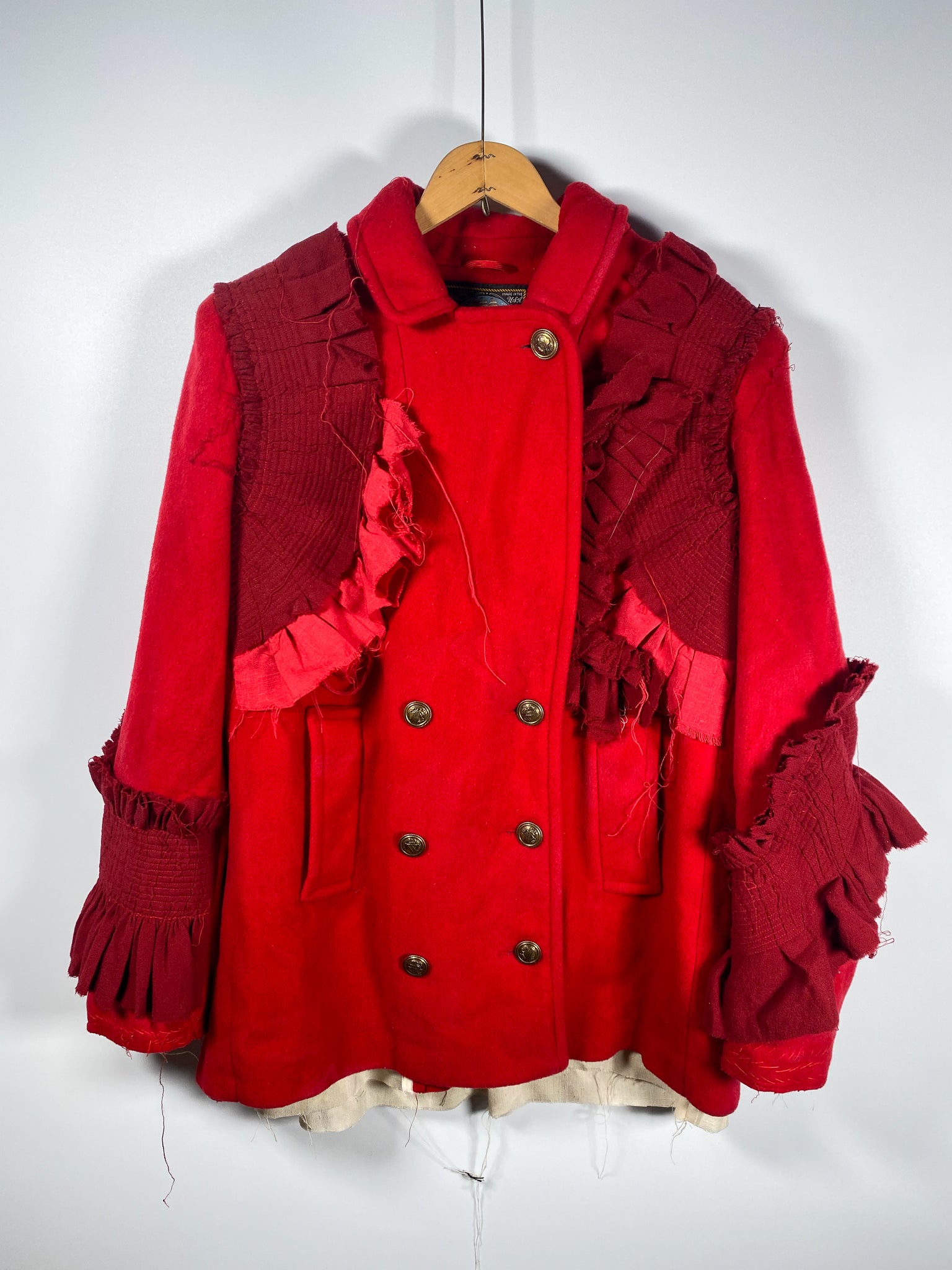 Reworked 1970s Wool Crepe and Linen Peacoat (Womens US XL)