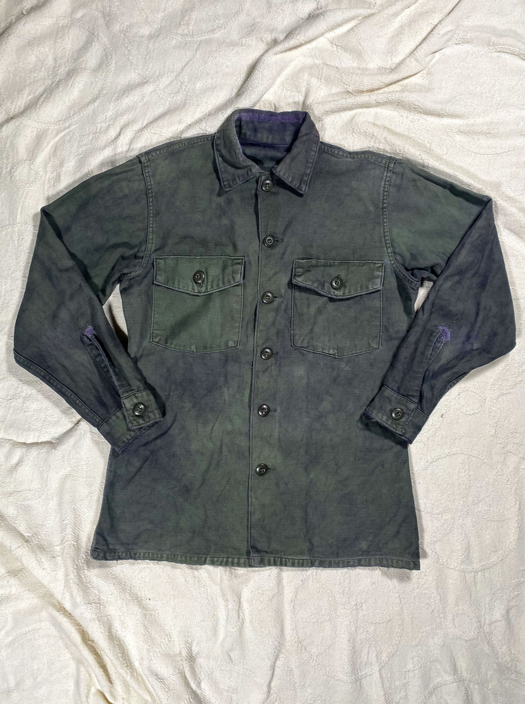 Organic Overdyed Black Vintage 50s Repaired Military Field Shirt (Unisex US Small)