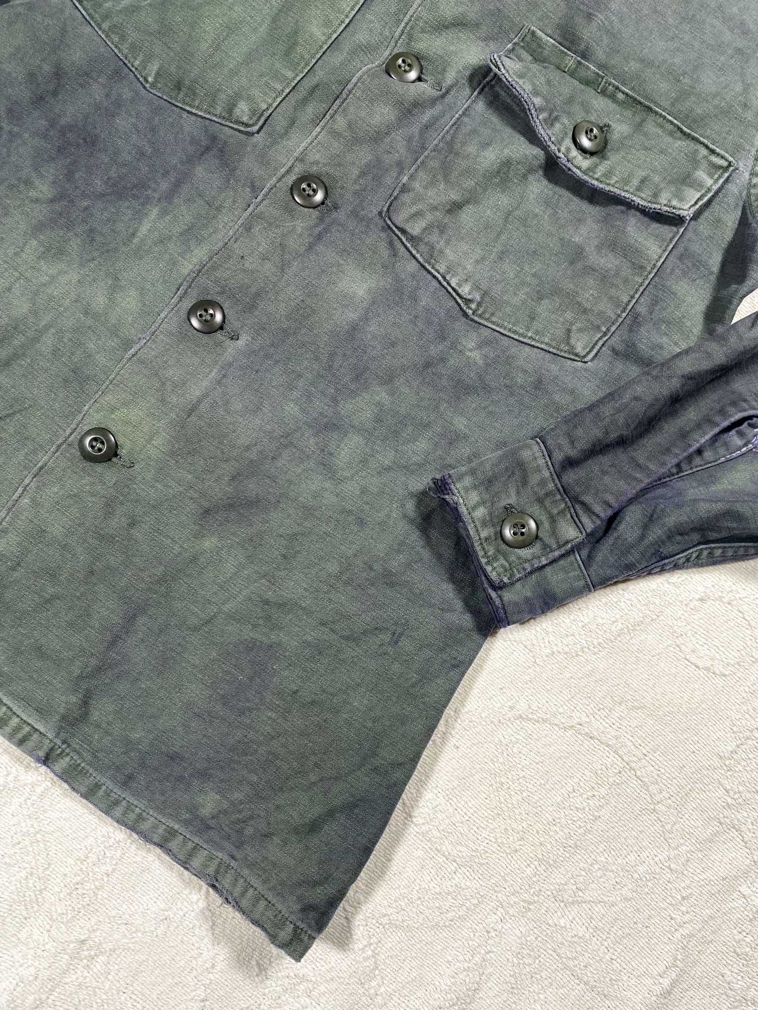 Organic Overdyed Black Vintage 50s Repaired Military Field Shirt (Unisex US Small)