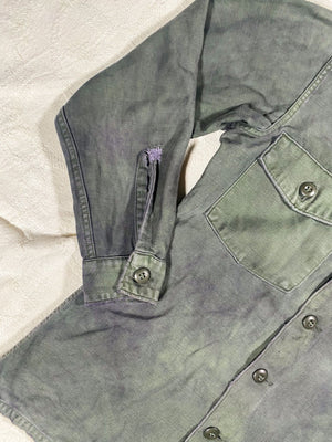 Organic Overdyed Black Vintage 50s Repaired Military Field Shirt (Unisex US Small)