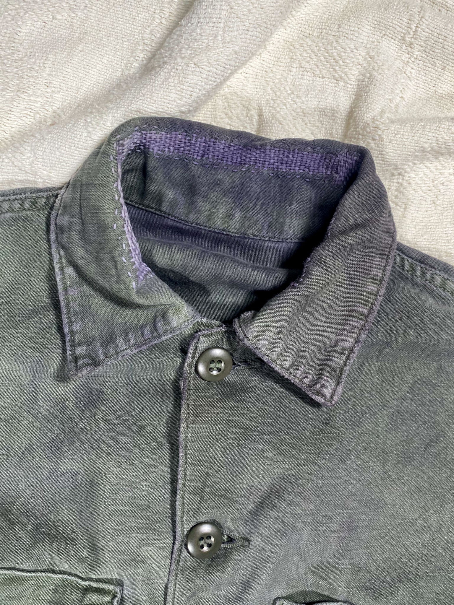 Organic Overdyed Black Vintage 50s Repaired Military Field Shirt (Unisex US Small)