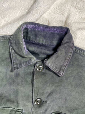 Organic Overdyed Black Vintage 50s Repaired Military Field Shirt (Unisex US Small)
