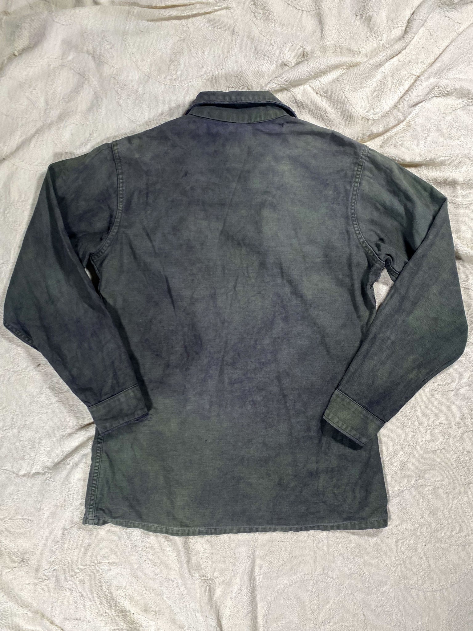 Organic Overdyed Black Vintage 50s Repaired Military Field Shirt (Unisex US Small)