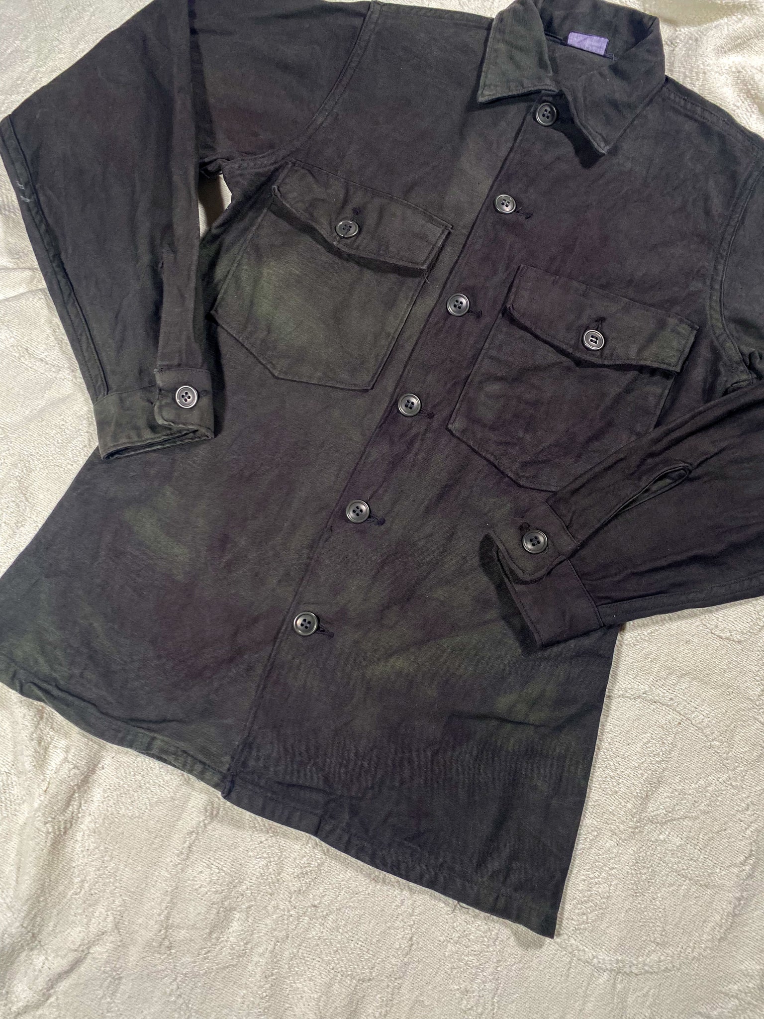 Organic Overdyed Dark Wash Black Vintage 60s Military Field Shirt (Unisex US Small)