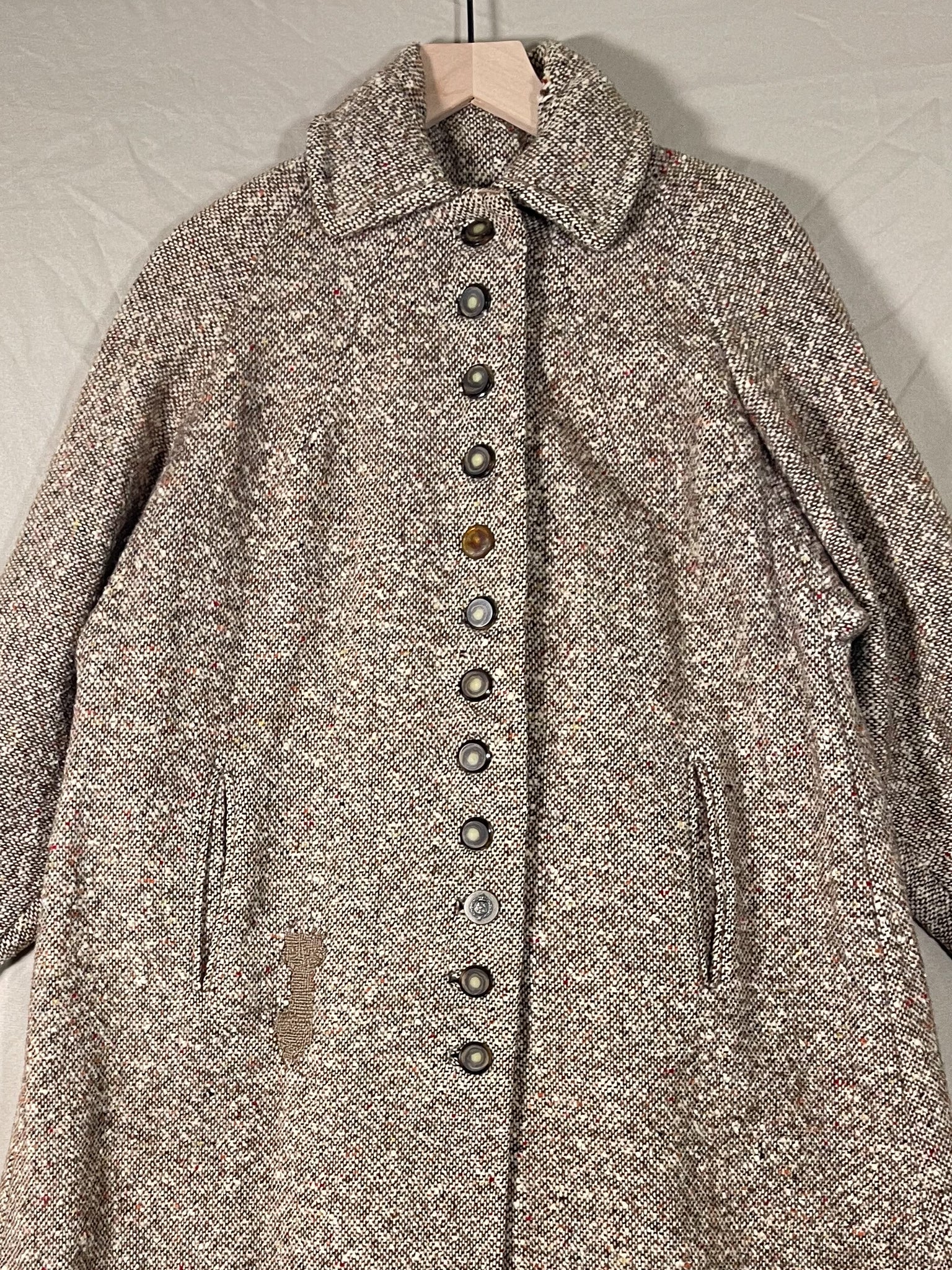 Repaired 1940s Tweed & Wool Belt-Back Fit and Flare Overcoat (F's US XS)