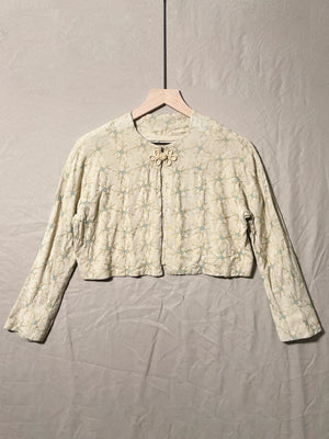 Repaired 1960s Ecru and Blue Theater Bed Jacket (F's US SML)