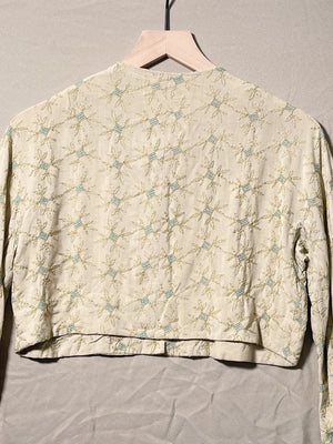 Repaired 1960s Ecru and Blue Theater Bed Jacket (F's US SML)