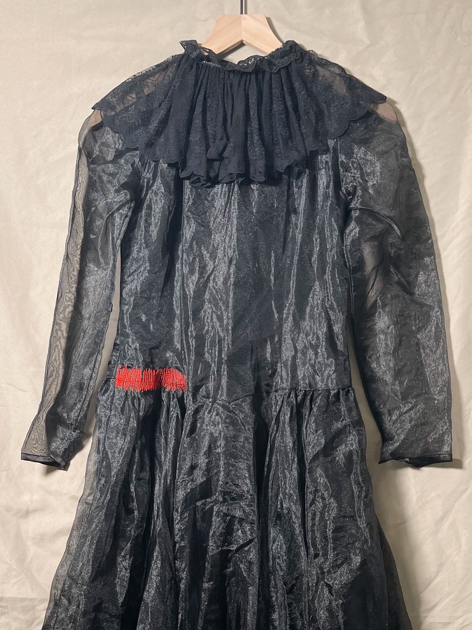 Repaired 1970s Black Sheer Ruffle Collar Midi Dress (F's US Sml)