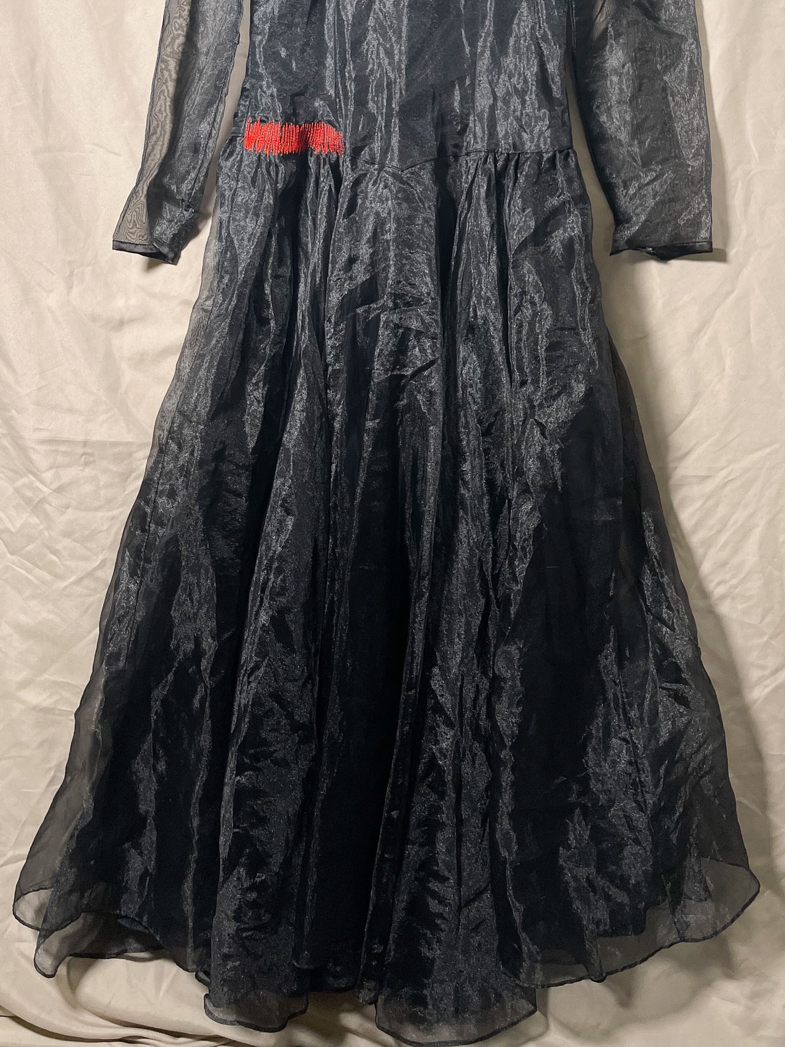 Repaired 1970s Black Sheer Ruffle Collar Midi Dress (F's US Sml)