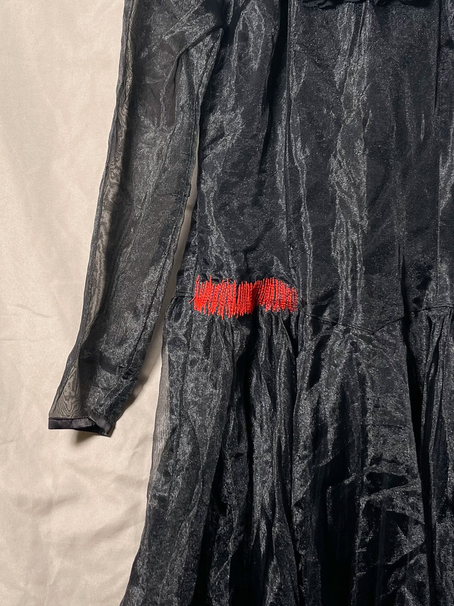 Repaired 1970s Black Sheer Ruffle Collar Midi Dress (F's US Sml)