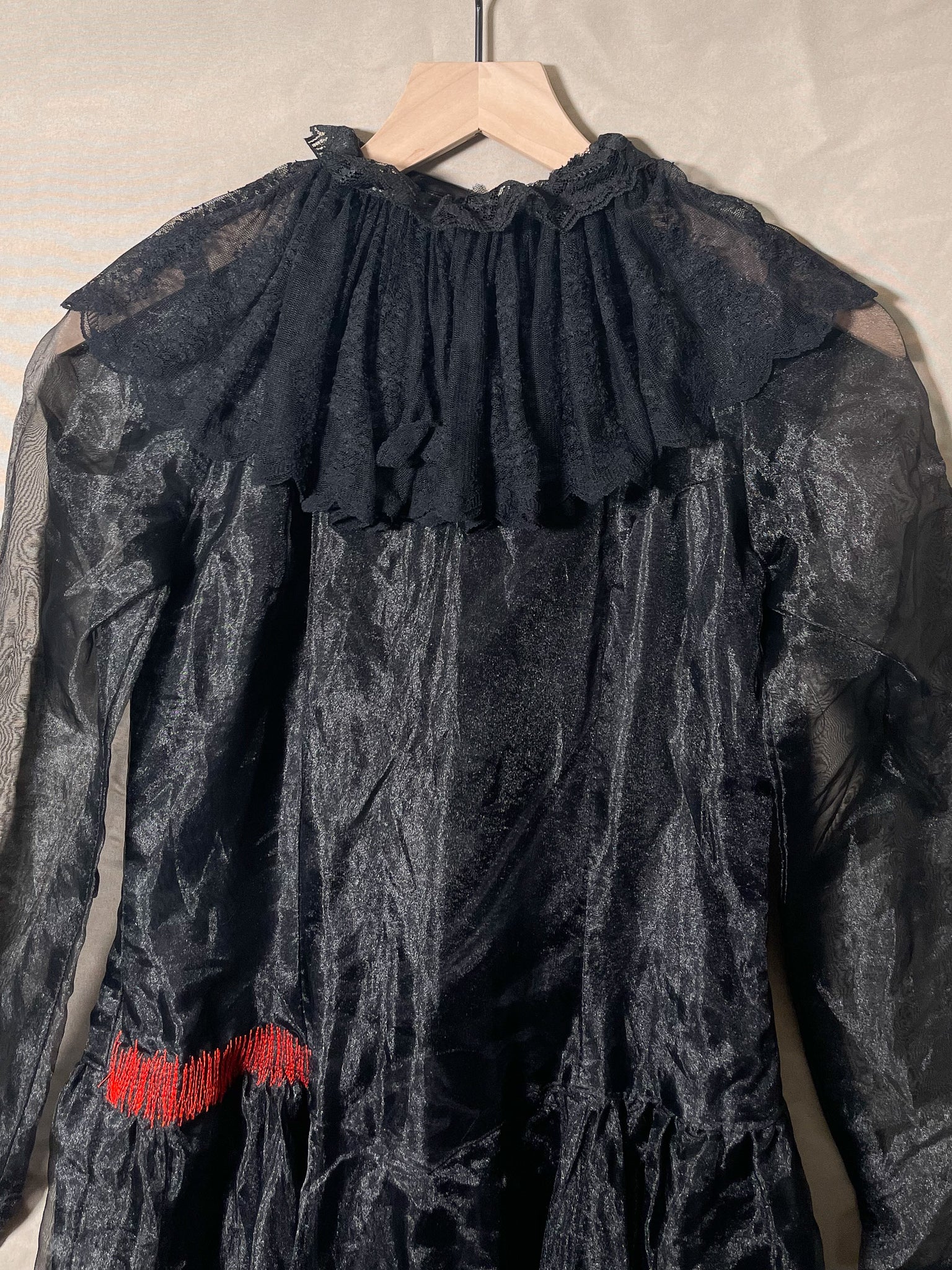 Repaired 1970s Black Sheer Ruffle Collar Midi Dress (F's US Sml)