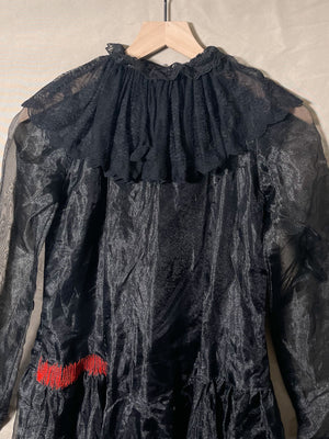 Repaired 1970s Black Sheer Ruffle Collar Midi Dress (F's US Sml)