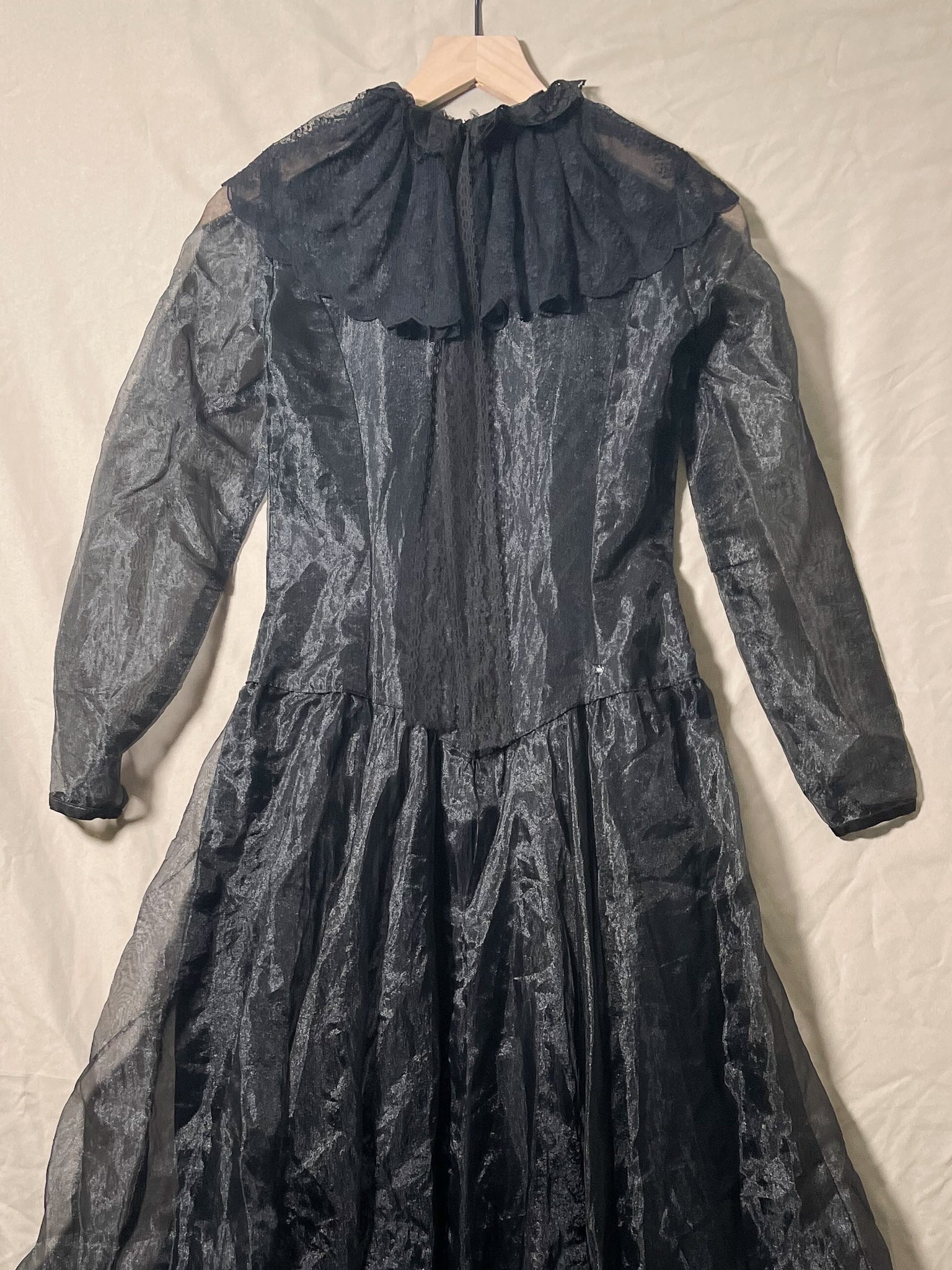 Repaired 1970s Black Sheer Ruffle Collar Midi Dress (F's US Sml)