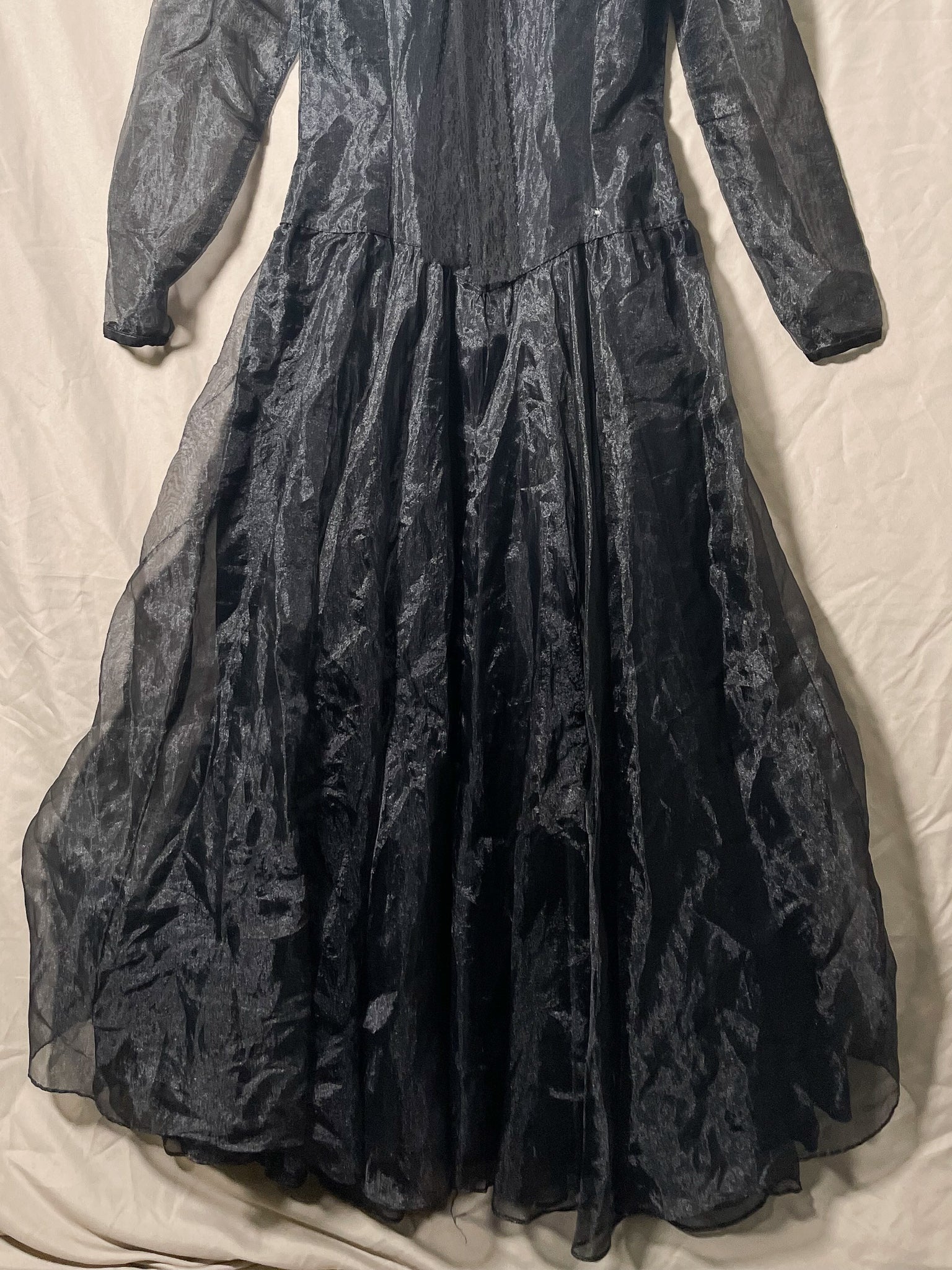 Repaired 1970s Black Sheer Ruffle Collar Midi Dress (F's US Sml)