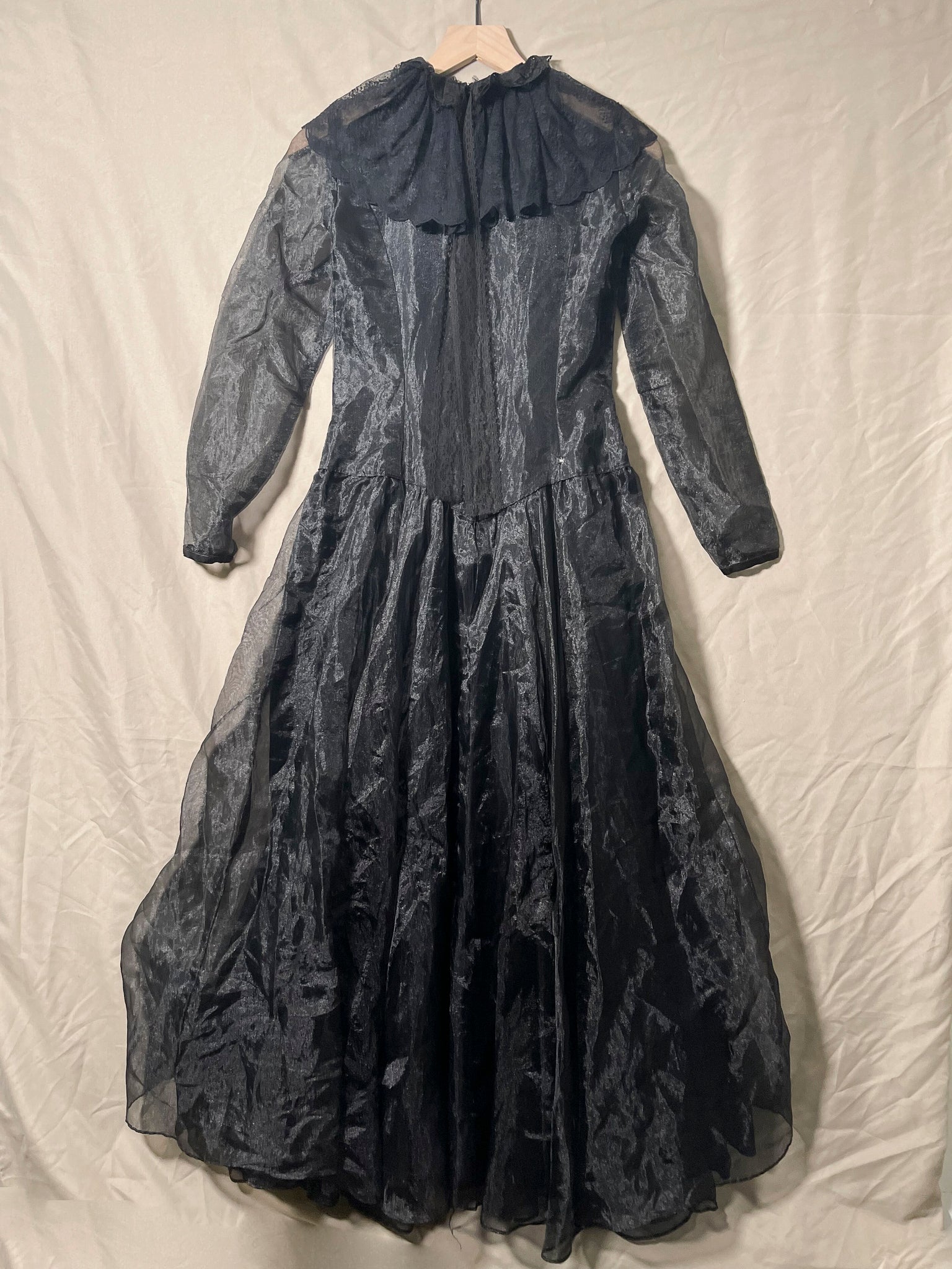 Repaired 1970s Black Sheer Ruffle Collar Midi Dress (F's US Sml)