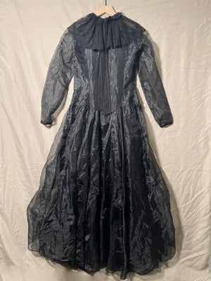 Repaired 1970s Black Sheer Ruffle Collar Midi Dress (F's US Sml)